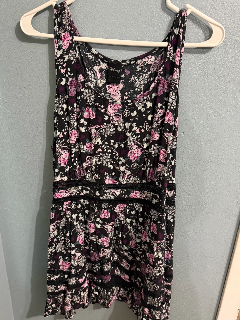 Disney Women’s Black Floral Tank Dress with Pink & White Accents